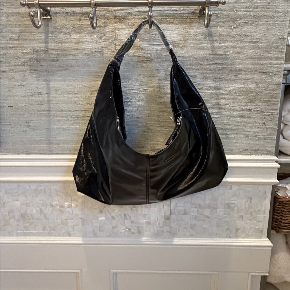 NWT new Anthropologie shiny faux patent leather tote bag purse black - Picture 14 of 16